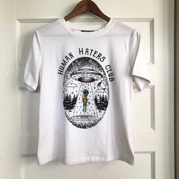 Human Haters Club Alien Cat White Graphic T-shirt Women’s Medium Avant Garde - Picture 1 of 11